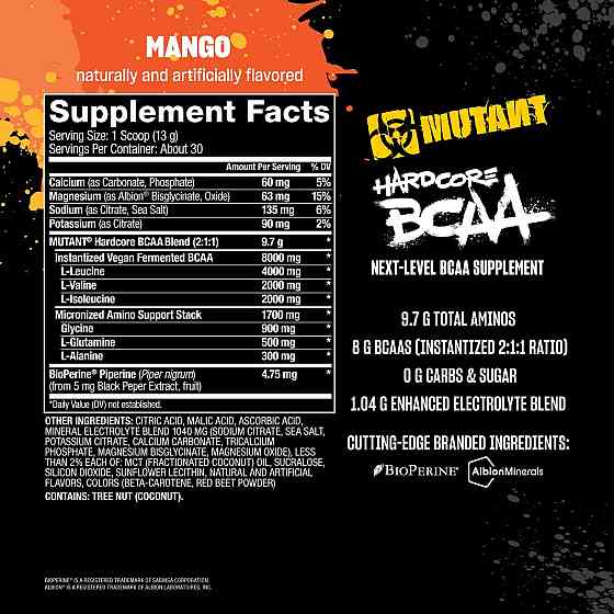 Амінокислотний комплекс Mutant Hardcore BCAA 390 г, Mango Луцьк