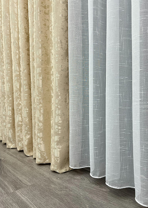 Комплект штор VR-Textil Льон Мармур 100х270 2шт і Тюль 300х270 1909ш-115т Кремовий з білим 71-129/1 Київ - фото 8