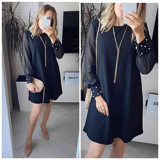 Жіноча святкова сукня прикрашена намистинками турецький креп-дайвінг + шифонові рукави Чорний, 42/46 Одеса