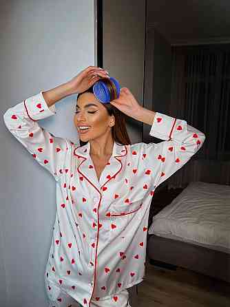 Женская пижама двойка с сердечками из шелка армани Белый, 44/46 Одесса