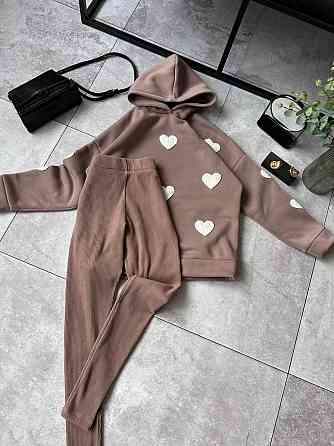 Жіночий теплий прогулянковий костюм-двійка з сердечками тринитка на флісі + ангора рубчик Моко, 50/52 Одеса