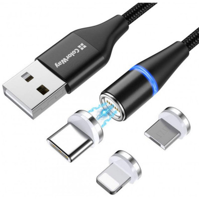 Дата кабель USB 2.0 AM to Lightning + Micro 5P + USB-C 1.0m Magnetic ColorWay (CW-CBUU038-BK) Винница - изображение 3