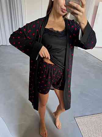 Женский домашний комплект четверка: брюки + майка + шорты + халат коттон Черный, 42/44 Одесса