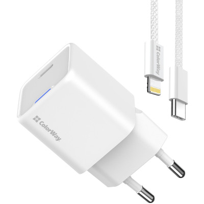Зарядное устройство ColorWay C101D GaN Mini 20W PD PPS USB-C + cable USB-C to Lightning white (CW-CHS059PDL-WT) Винница - изображение 10