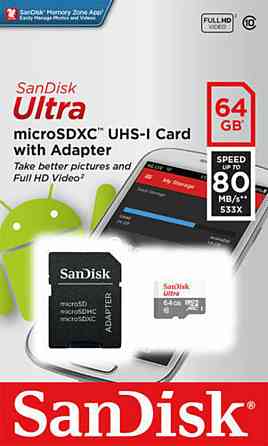 microSDXC (UHS-1) SanDisk Ultra 64Gb class 10 (80Mb/s) (adapter SD) Киев