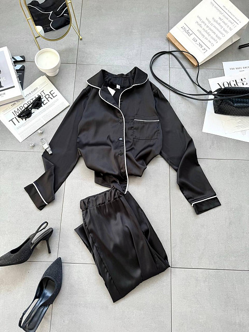 Женская легкая пижама двойка: рубашка и штаны шелк Черный, 42/44 Одесса - изображение 3