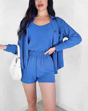 Жіночий легкий костюм-трійка: сорочка, майка та шорти креп жатка Джинс, 44/46 Одеса