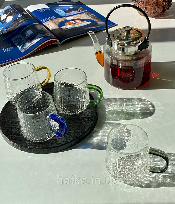 Кухоль чашка Olens "Золотий смужок" 390 мл 8030-261 прозорий із жовтою ручкою Київ - фото 2