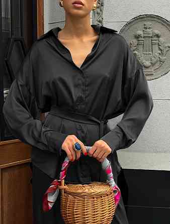 Женский легкий брючный костюм двойка: рубашка и брюки из шелка 42/44, Черный Одесса