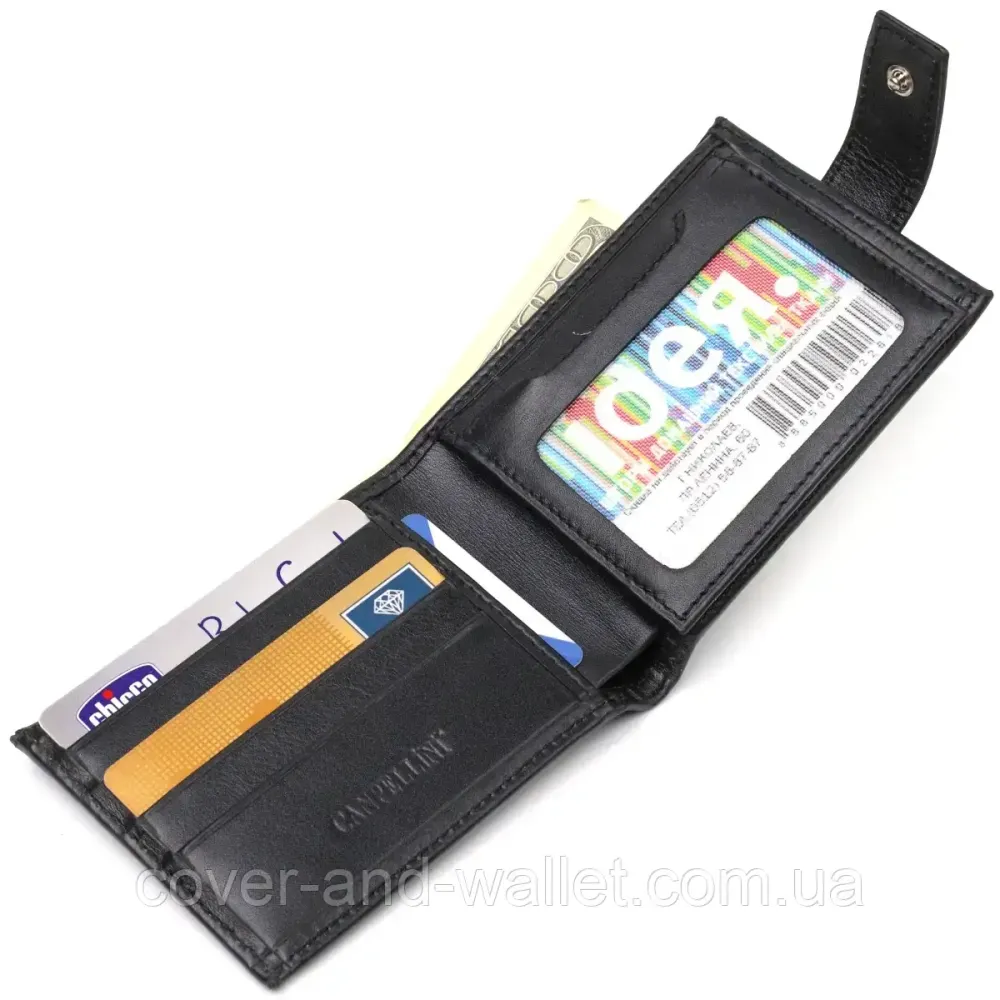 Тонкий мужской кожаный кошелек небольшого размера черного цвета Сanpellini Киев - изображение 3