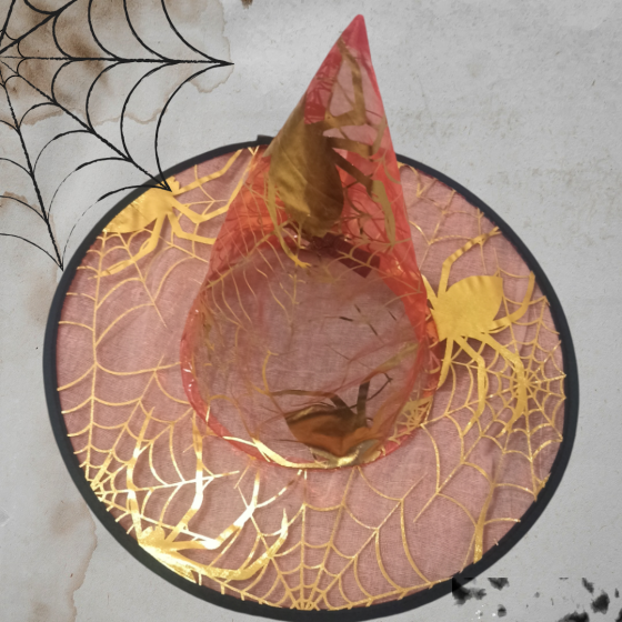 Капелюх Відьми прозорий червоного кольору з золотою павутиною та павуками на Хелловін Київ