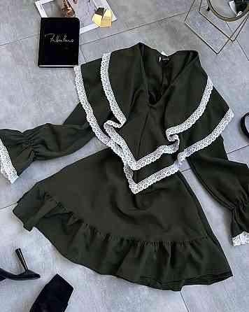 Женское романтичное платье с длинным рукавом костюмка + кружево Хаки, 44/46 Одесса