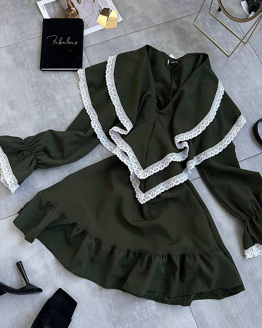 Женское романтичное платье с длинным рукавом костюмка + кружево Хаки, 44/46 Одесса - изображение 3