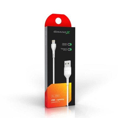 Дата кабель USB 2.0 AM to Lightning 1.0m Cu, 2.1А White Grand-X (PL01W) Вінниця - фото 2