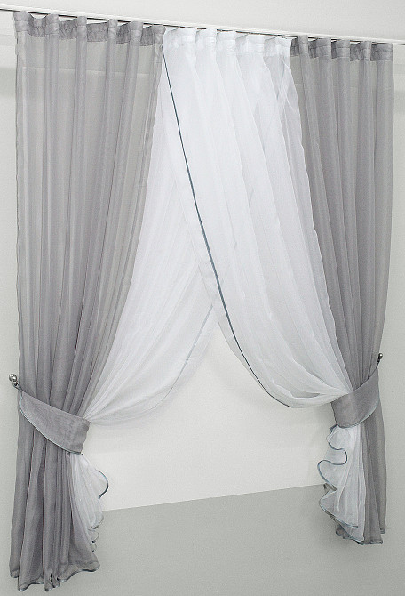 Кухонні шторки VR-Textil № 096к з підв'язками сірий з білим 400х170 см (50-766) Київ - фото 2