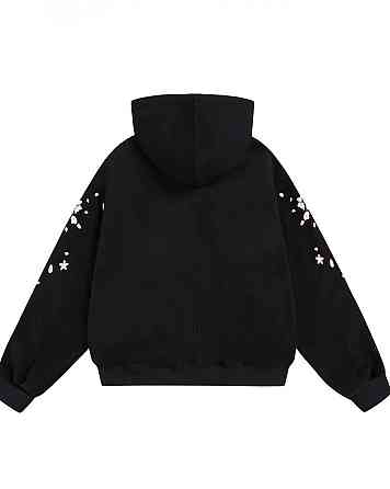 Женский утепленный оверсайз худи с принтом сакуры трехнить на флисе Черный Одесса