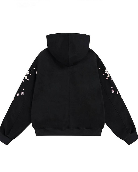 Жіночий утеплений оверсайз худі з принтом сакури тринитка на флісі Чорний Одеса - фото 2