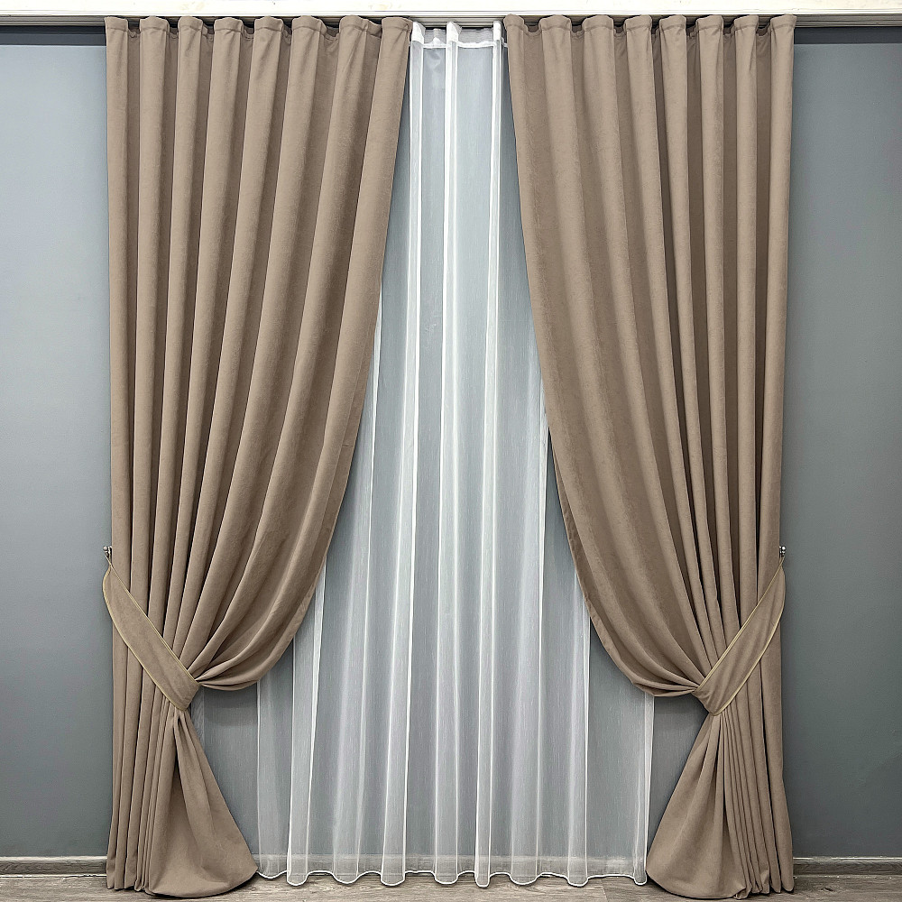 Комплект штор VR-Textil Микровелюр Petek 200х270 2шт и Тюль 600х270 2018ш-1153т Капучино с белым 71-155/7 Киев - изображение 1