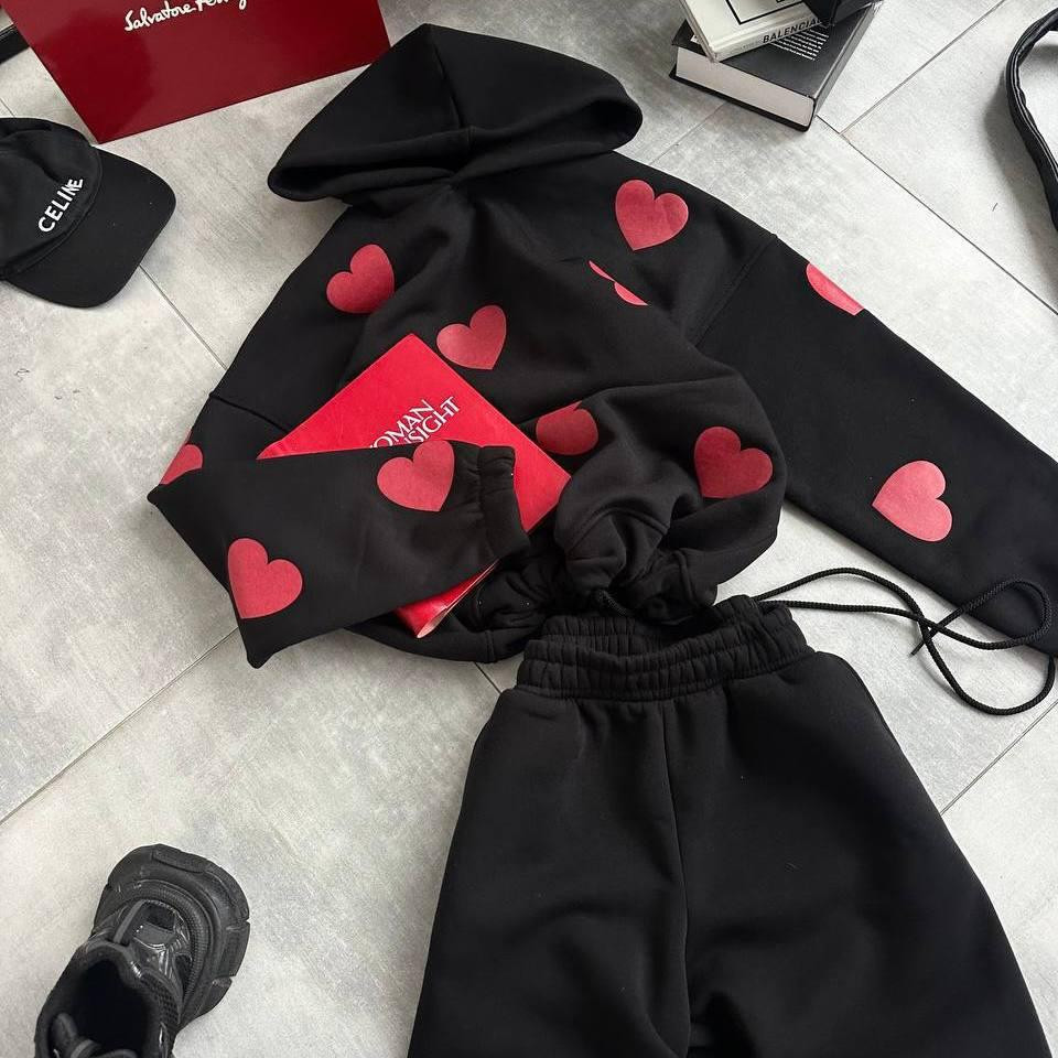 Жіночий теплий костюм-двійка з сердечками тринитка на флісі Чорний, 48/52 Одеса - фото 1