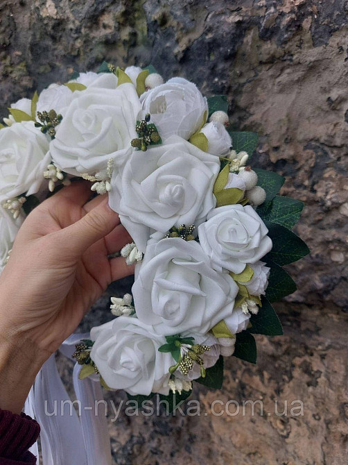 Білий віночок Ободок обруч з квітами "Сценічний білий" зі стрічками Кривий Ріг - фото 2