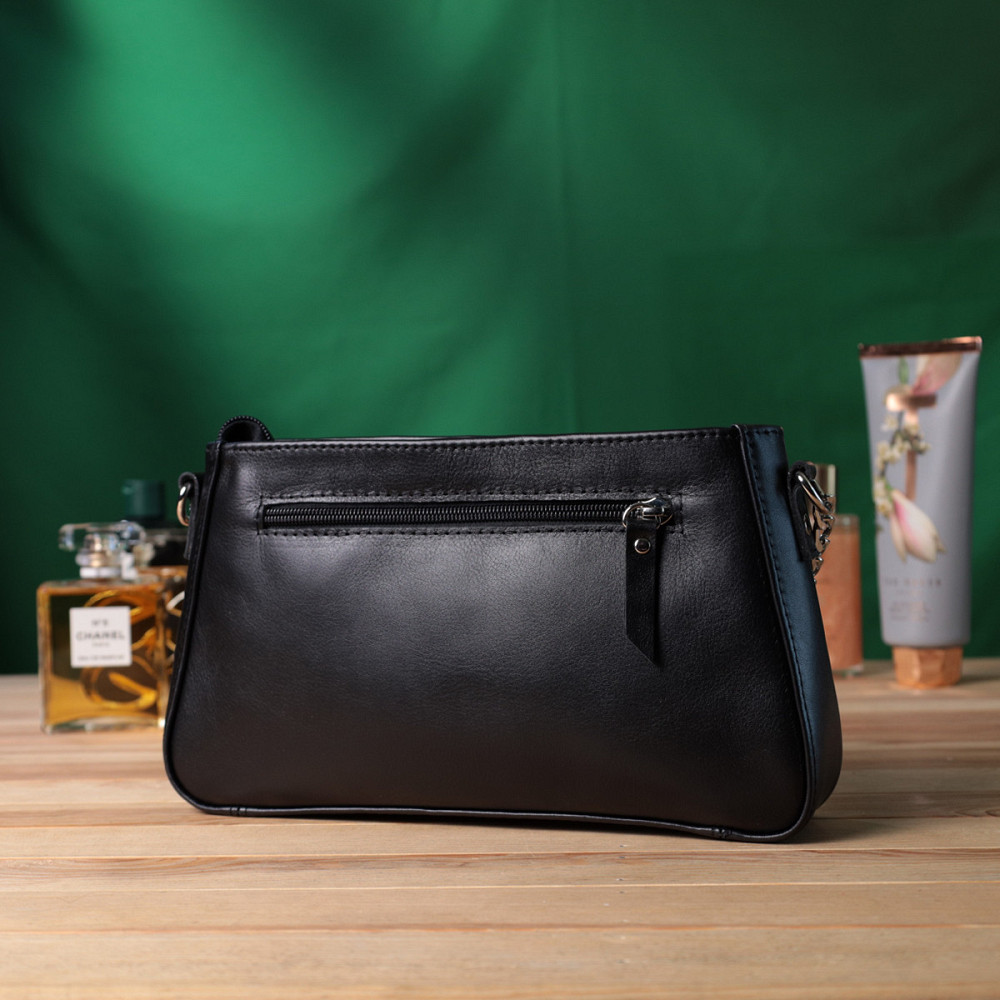 Жіноча сумка багет з ланцюжком і ремінцем з гладкої натуральної шкіри Shvigel 22838 Чорна Київ - фото 10