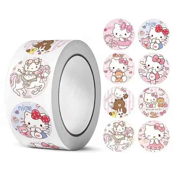 Стікери Hello Kitty — рулон 500 шт Ø2.5 см, наліпки з котиками Київ