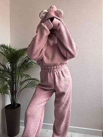 Жіноча стильна домашня плюшева піжама з вушками хутро тедді Пудра Одеса