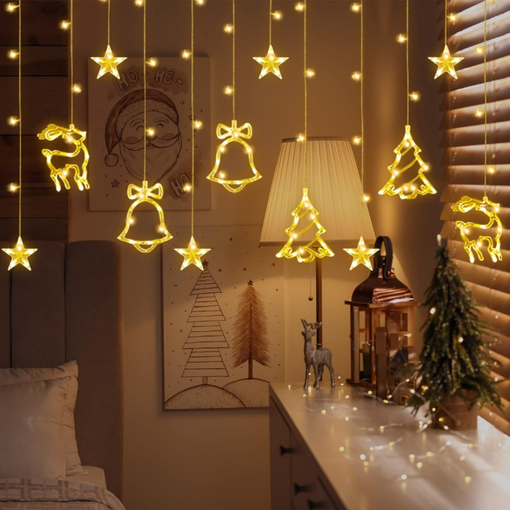 Светодиодная гирлянда штора микс 3м Niki Light Led занавес с фигурами колокольчики елки олени теплый белый Киев - изображение 1