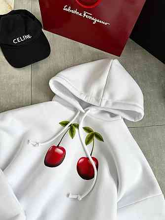 Жіноча тепла оверсайз худі з вишеньками тринитка на флісі Одеса