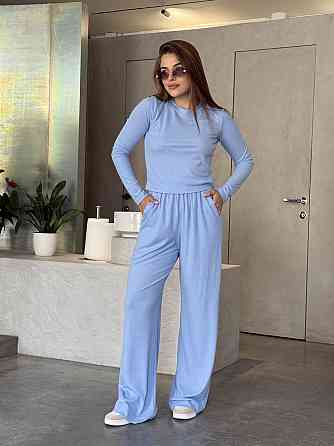 Женский костюм в рубчик с широкими штанами Голубой M/L Харьков