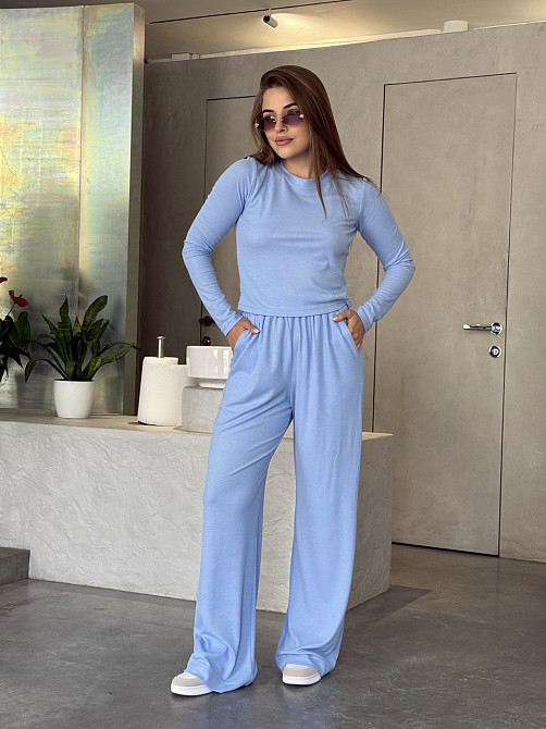 Женский костюм в рубчик с широкими штанами Голубой M/L Харьков - изображение 1