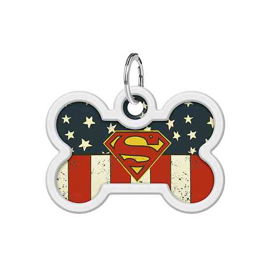 Адресник для собак і котів металевий WAUDOG Smart ID з QR паспортом, малюнок "Супермен Америка", кістка, Д 40 мм, Ш 28 мм Київ