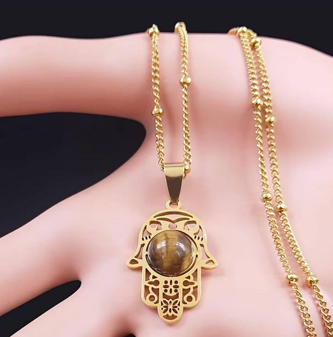 Подвеска Хамса тигровый глаз, кулон рука Фатимы на цепочке, нержавеющая сталь Киев - изображение 3