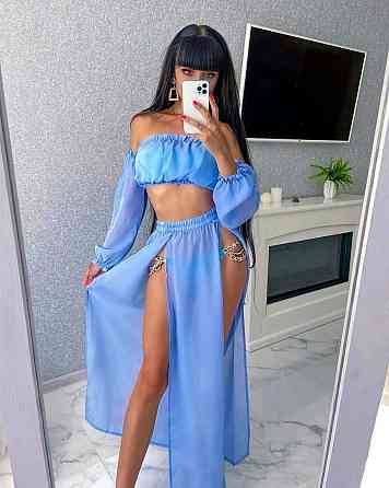 Женский яркий пляжный костюм двойка: топ и штаны шифон Одесса