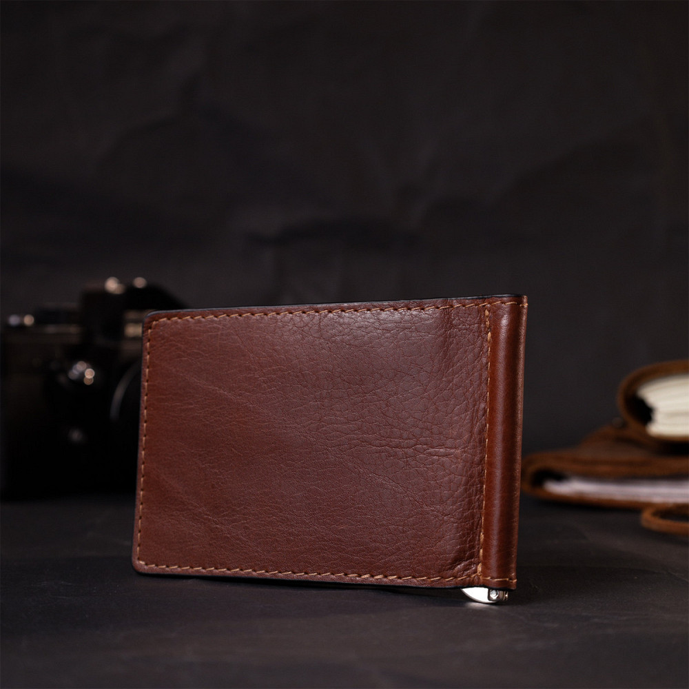 Надежный кожаный зажим для денег GRANDE PELLE 11668 Коричневый Киев - изображение 10