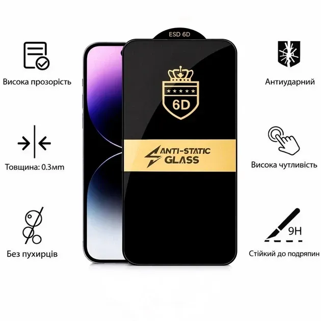 Защитное стекло 6D OG Crow iPhone 14Pro Anti-Static Киев - изображение 4