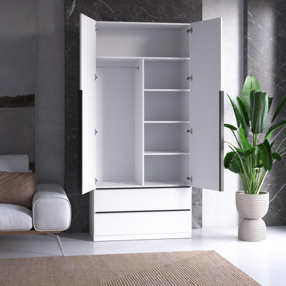 Шафа для одягу VAYS M-30 Бетон-Білий фасад, 2 шухляди, з штангою та полицями, ЛДСП, 100×50×220 см – для спальні, вітальні, передпокою Львів - фото 2