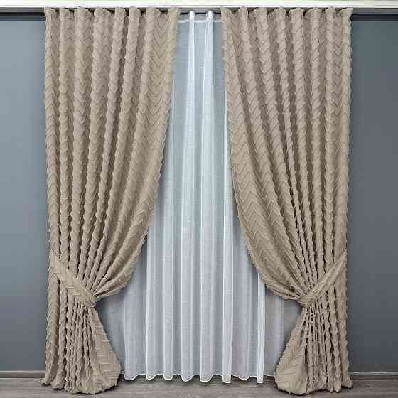 Комплект штор VR-Textil Льон Букле 100х270 2шт і Тюль 300х270 1812ш-115т Бежевий з білим 71-036/1 Київ
