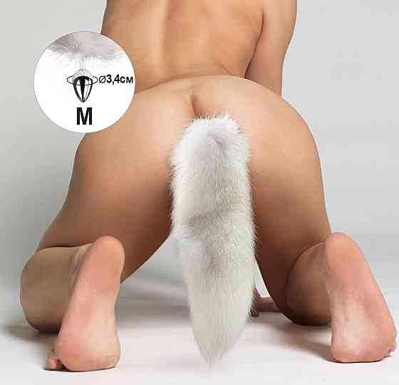 Металева анальна пробка з хвостом із натурального хутра Art of Sex size M White fox Sex Aura Київ