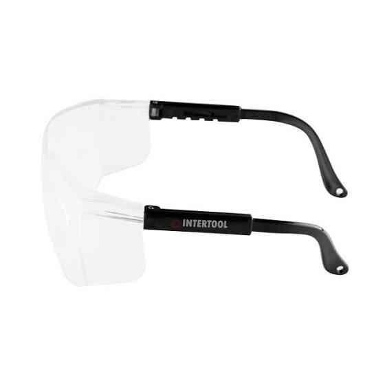 Окуляри захисні, прозорі, лінзи полікарбонат, регульовані заушники чорні нейлонові, захист від удару INTERTOOL SP-0098 Київ