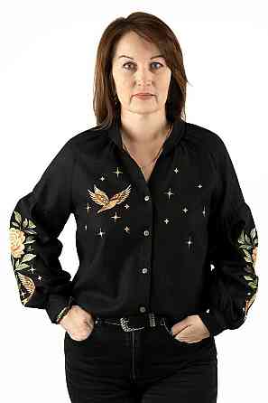 Вишиванка жіноча, лляна, чорна, з довгим рукавом, топ 56/58 Київ