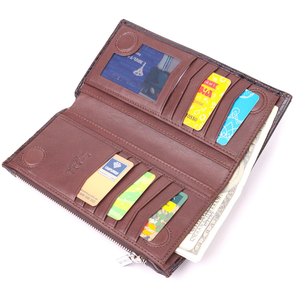 Лаковане вертикальне чоловіче портмоне з натуральної шкіри з тисненням під крокодила KARYA 21424 Коричневий Київ - фото 4