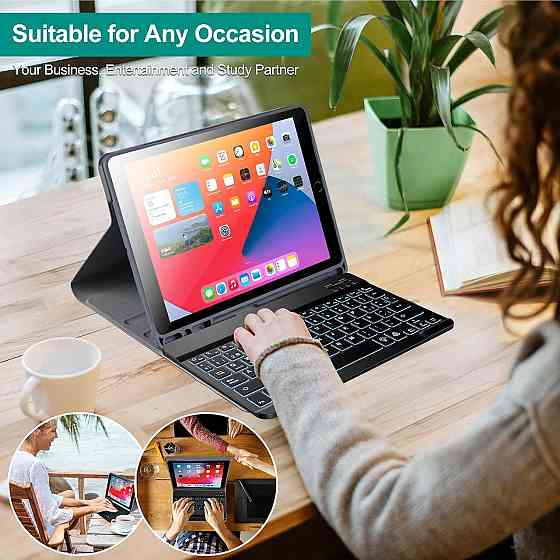 Чехол-клавиатура QWERTZ для iPad 10.2/Pro10.5/Air3 черный Thin PU с Bluetooth, 7 цветов подсветки, держатель Киев