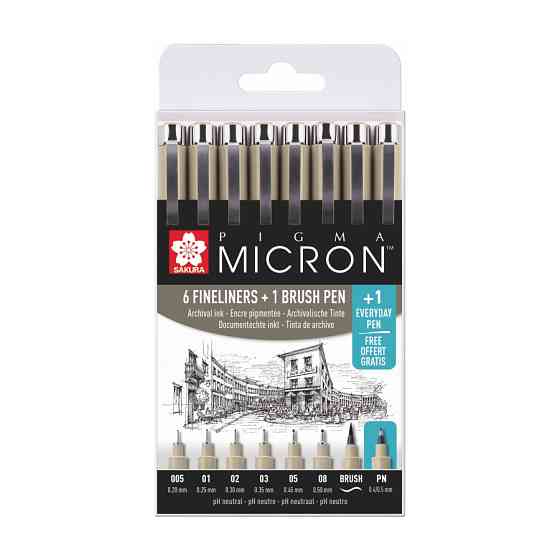 Набор линеров PIGMA MICRON 6шт + 1 линер-кисть Pigma Brush + PIGMA Micron PN В ПОДАРОК Sakura Киев
