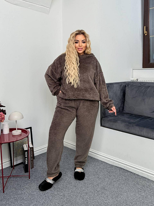 Женская уютная пижама двойка с капюшоном двусторонняя махра. Мокко, 54/56 Одесса - изображение 1