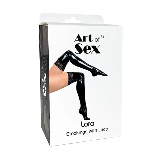 Сексуальні вінілові панчохи Art of Sex - Lora з мереживом, розмір M, з ефектом мокрого оксамиту Львів
