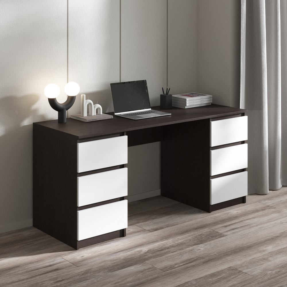 Компьютерный стол VAYS R-2 Венге Темный-Белый фасад, письменный с 2 тумбами, 6 ящиков без ручек, ЛДСП 160×60×75 см – для дома, офиса, учебы Львов - изображение 1