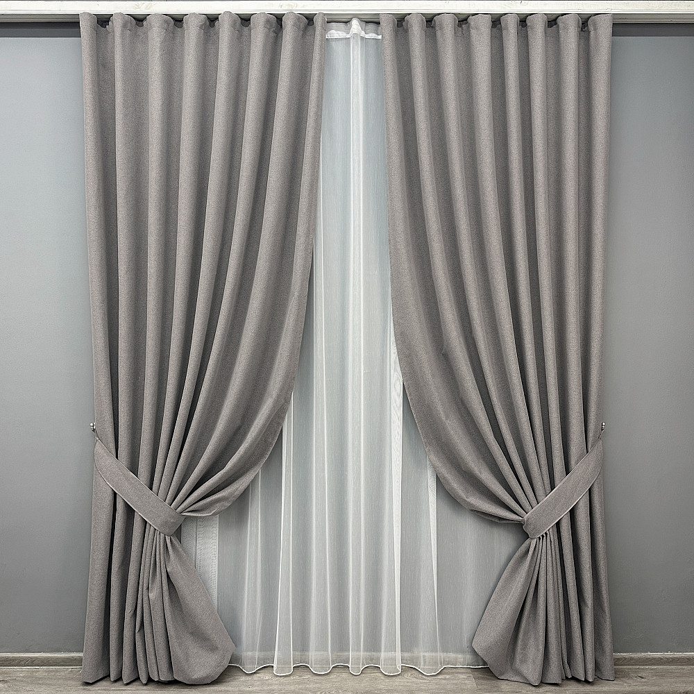 Комплект штор VR-Textil 100% блекаут ASHEN NIGHT 100х270 2шт і Тюль 300х270 1850ш-1153т бежево-сірий з білим 71-091/1 Київ - фото 1