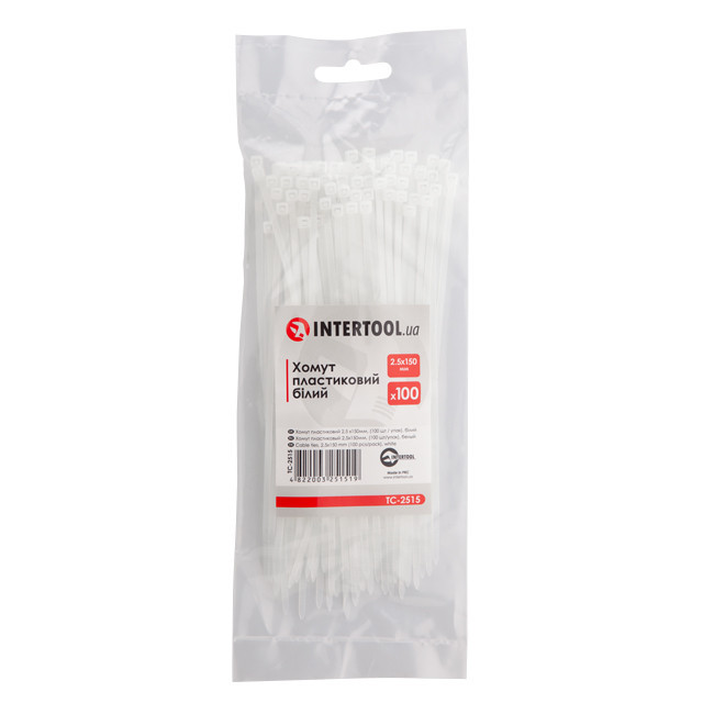 Хомут пластиковый, 2,5×150 мм, 100 шт/упак, белый INTERTOOL TC-2515 Киев - изображение 1