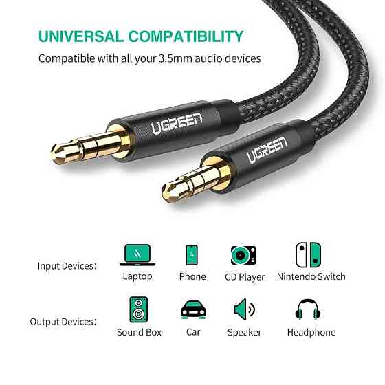 Аудіо кабель AUX 3.5 mm (miniJack) Ugreen AV112 (Чорний, 2м) Николаев